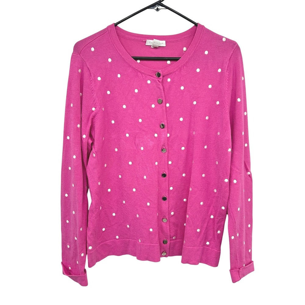 Pink Polka Dot Cardigan‎ Sweater L Preppy Coquette Twee Y2K Spring Parisian Knit